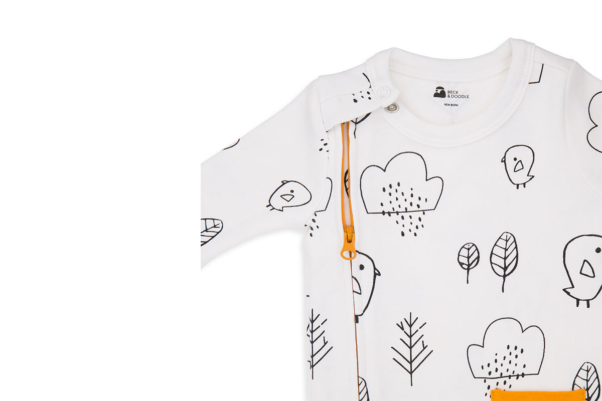 Chalky Bird Zip Baby Sleepsuit - Beck & Doodle